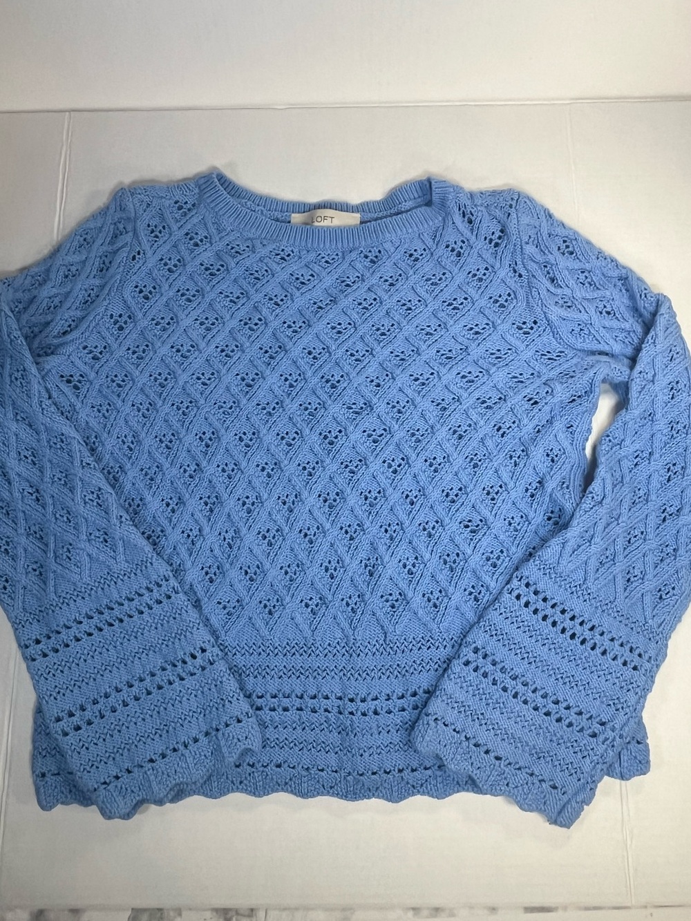 LOFT Sky Blue Open-Knit Crewneck Sweater